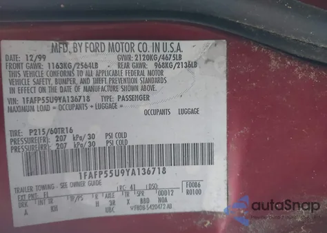 2000 Ford Taurus Ses z USA, uszkodzony, nr VIN 1FAFP55U9YA136718